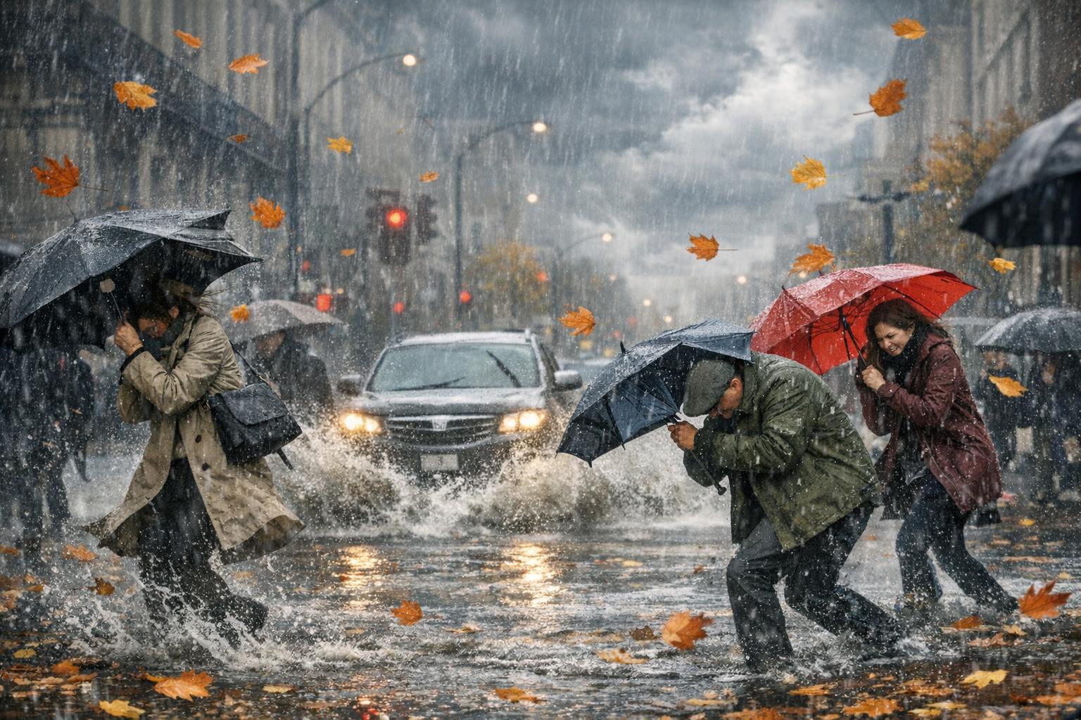 People with umbrellas hurry across a flooded city street in heavy rain, while a car drives by and autumn leaves blow through the air. Water splashes high and the sky is dark and stormy—an all-too-common scene during Autumn storms that can quickly lead to flash flooding.