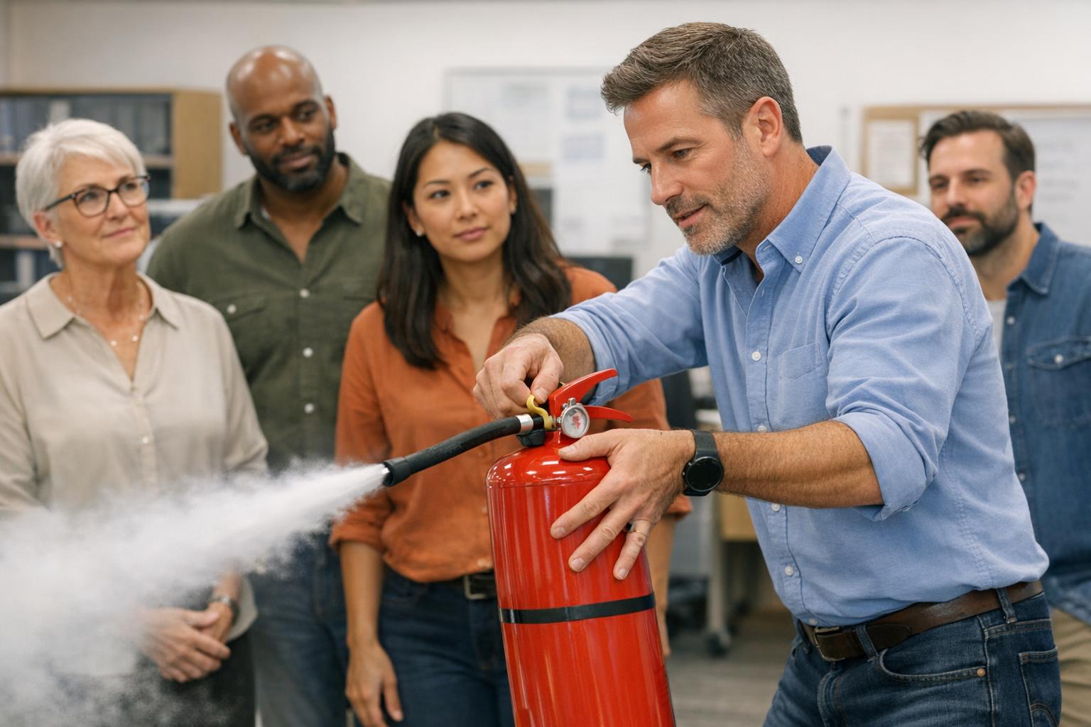 A man demonstrates how to use a fire extinguisher, explaining the PASS technique, to a group of four attentive adults in an indoor setting, highlighting the importance of workplace safety.
