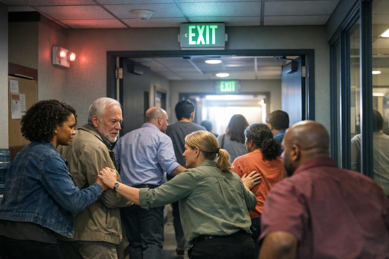 A group of people quickly evacuates a building through a hallway under an illuminated exit sign, looking concerned and alert as they follow designated evacuation routes toward the doorway, prioritizing worker safety in accordance with emergency action plans.