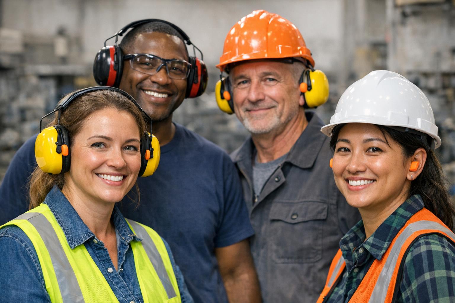 Four construction workers wearing safety gear—including hard hats, ear protection, and reflective vests—smile at the camera in an industrial setting.
