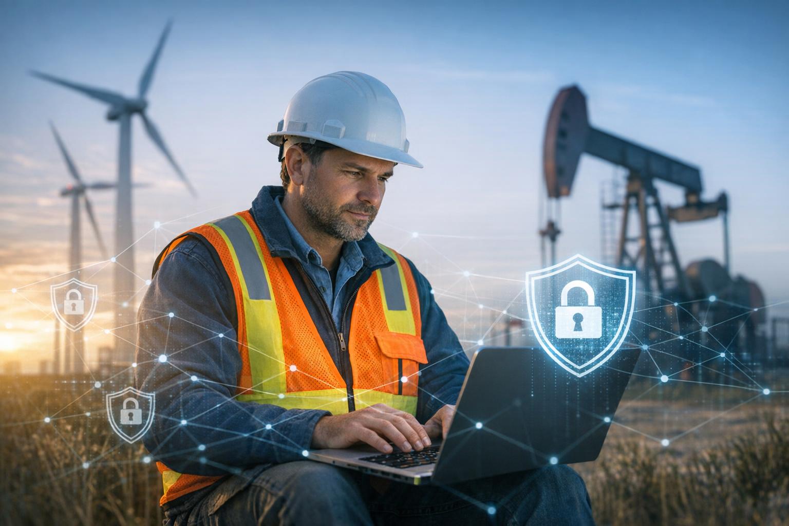 A construction worker in safety gear uses a laptop outdoors near wind turbines and an oil pump, with digital lock icons representing cybersecurity or data protection.