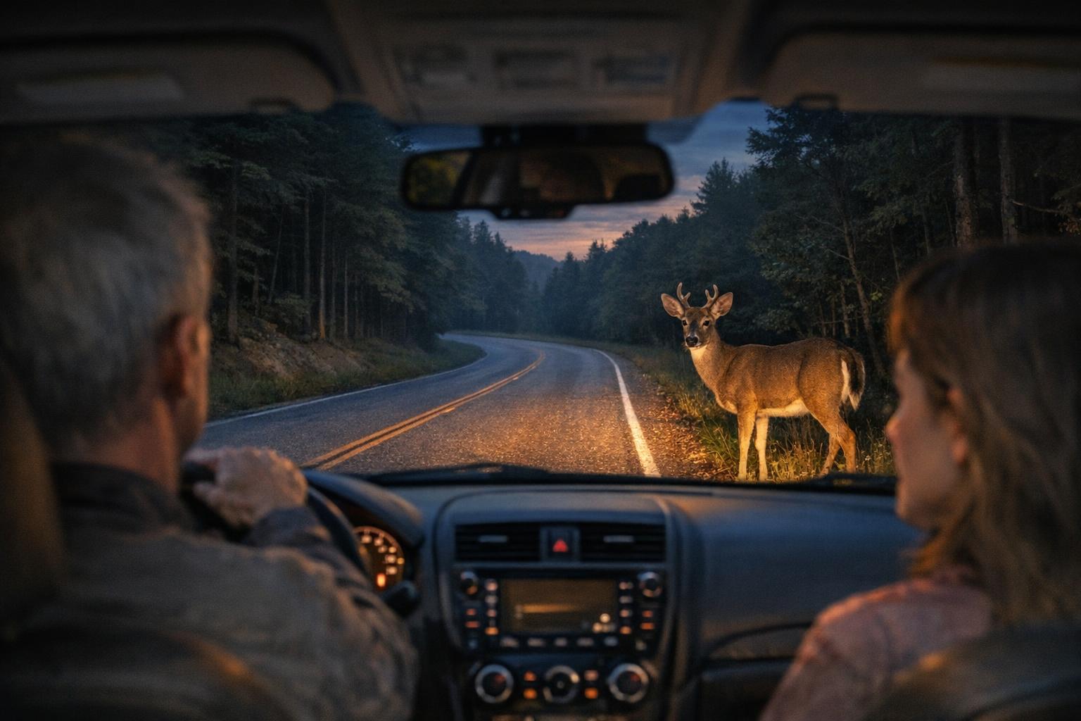 A deer stands on the roadside at dusk, illuminated by car headlights. Two people sit in the front seats, looking at the deer through the windshield on a winding forest road—a moment that highlights the importance of wildlife awareness and road safety to help prevent collisions.