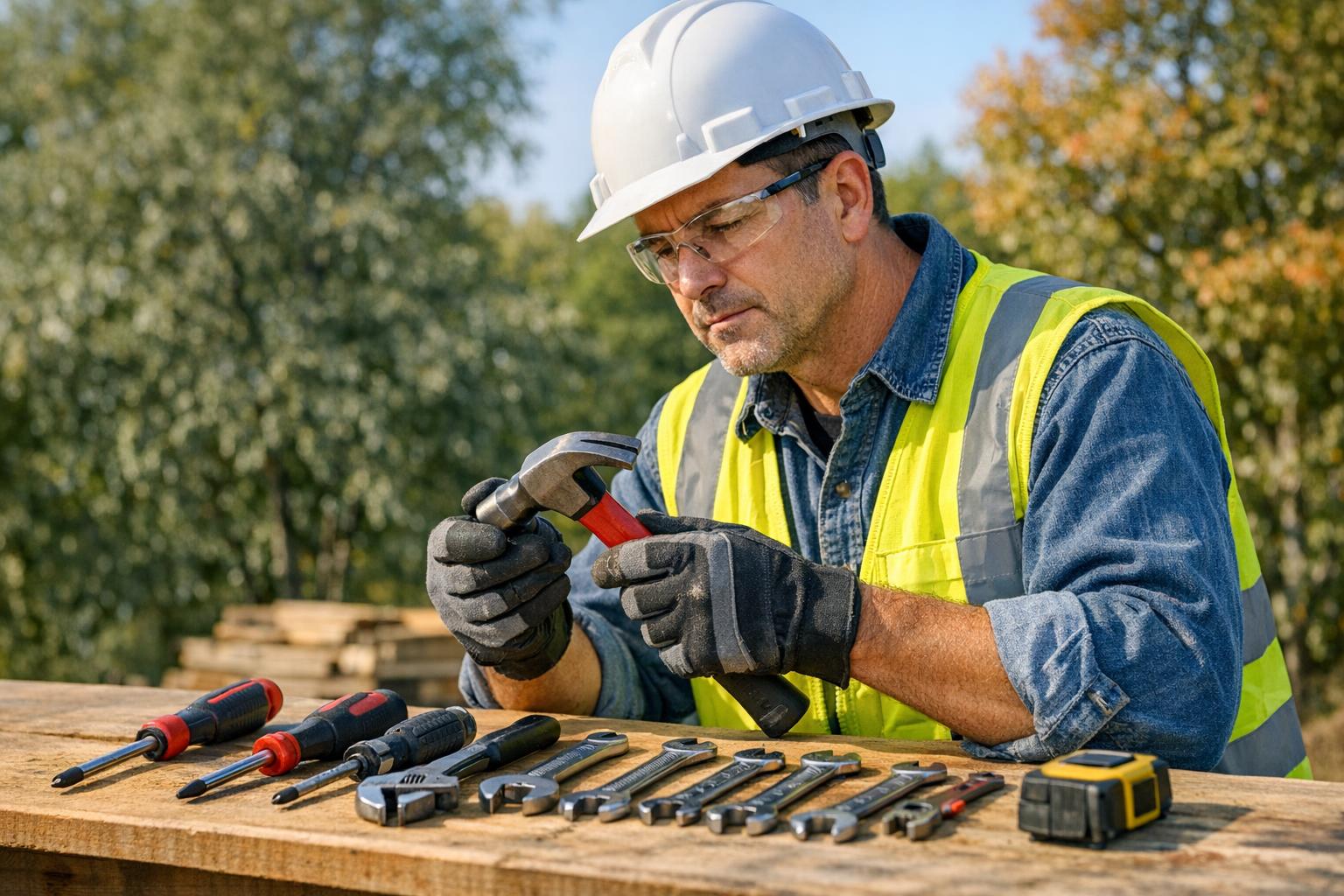A construction worker in safety gear examines a hammer at an outdoor worksite. Various hand tools including screwdrivers, wrenches, and a tape measure are neatly arranged on the wooden table in front of him.