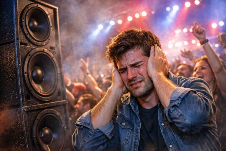 A man at a loud concert covers his ears, appearing uncomfortable while standing near large speakers—a scene that illustrates the risk of noise-induced hearing loss; colorful stage lights and a cheering crowd are visible in the background.
