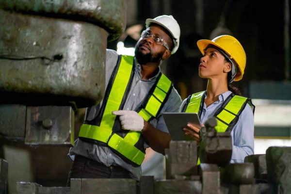 Two industrial workers in safety vests and helmets are examining machinery in a factory. One, a bearded man wearing glasses, is pointing at a machine guard. The other, a woman, holds a tablet and attentively observes the inspection protocols. The setting is a dimly lit industrial environment.