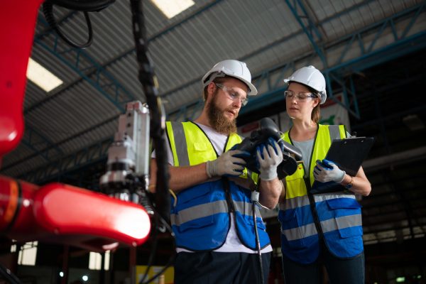 Two factory workers in safety gear, including reflective vests, hard hats, and safety glasses, work together in an industrial setting. One holds a handheld device while the other holds a clipboard, suggesting they are conducting regular equipment inspection or identifying workplace hazards.