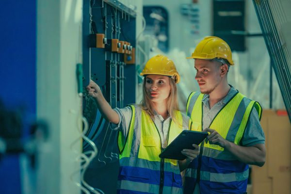 Two engineers wearing yellow hard hats and reflective vests are working together. One engineer is pointing at a control panel, while the other holds a clipboard and looks on, ensuring workplace safety inside the industrial facility. They appear to be referencing a comprehensive guide to avoid electrical hazards.