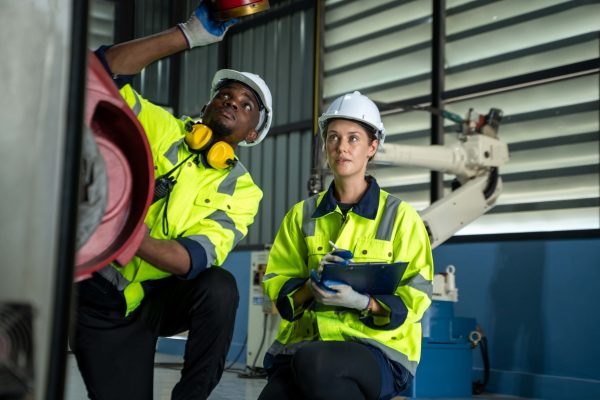 Two workers, one kneeling and one sitting, both wearing high visibility jackets, safety helmets, and gloves, work in an industrial setting. The kneeling worker inspects machinery while the sitting worker holds a clipboard and takes notes on electrical risk management. A robotic arm is in the background.