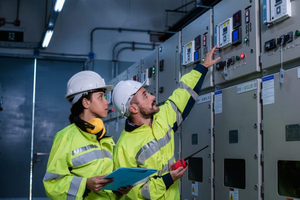 Two electrical engineers wearing yellow safety jackets and white helmets are working in a control room. One points at a control panel button, while the other holds a clipboard, looking attentively. Ensuring strict adherence to electrical safety practices, various control equipment and cables are visible around them.