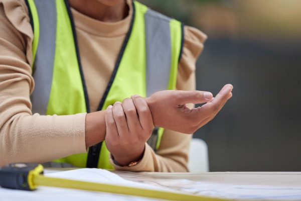 A person wearing a neon yellow safety vest holds their wrist, appearing to check or soothe it. They are seated at a table with a tape measure visible in the foreground, emphasizing the importance of hand injury prevention in workplace safety. The background is blurred, focusing attention on the person's hands and wrist.