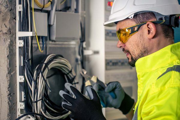 A technician, wearing a white hard hat, yellow safety glasses, and a bright yellow high-visibility jacket, is using wire cutters on cables in an electrical panel. Focused on workplace safety, he ensures electrical safety by donning protective gloves and Arc Flash Protection gear while working.