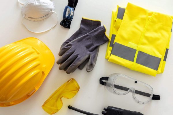 A flat lay of protective equipment, including a yellow hard hat, a pair of grey gloves, a yellow high-visibility vest, a dust mask, yellow safety goggles, clear protective goggles, a headlamp, and a walkie-talkie.