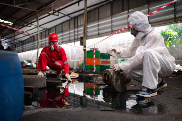 Two individuals in protective hazmat suits and respirators work in an industrial setting, managing chemical waste. One, in a red suit, kneels beside a tire, while the other, in a white suit, examines an object near a pool of contaminated water. Red caution tape marks off the area to ensure safe workplace practices.