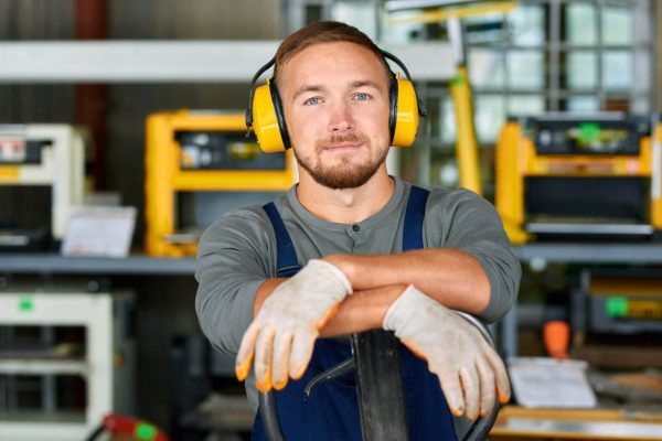 A man with a beard, wearing ear protection and gloves to prevent hearing loss, leans on a shovel in a workshop. He is dressed in a gray shirt and overalls. Various yellow industrial machines and tools are visible in the background.